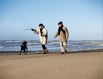 Ehepaar mit Hund geht am Strand spazieren